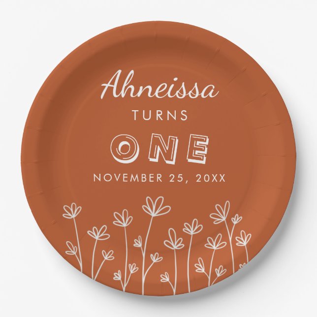 Modern Chic Terracotta Flowers First Birthday Paper Plate (Front)