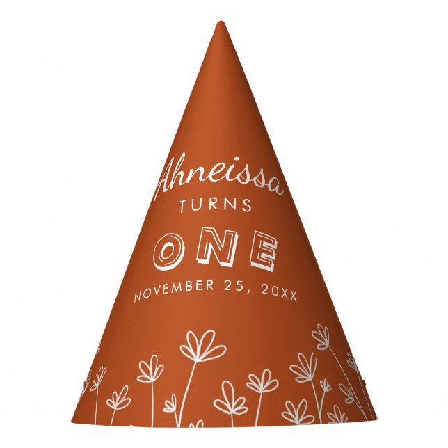 Modern Chic Terracotta Flowers First Birthday Party Hat (Front)