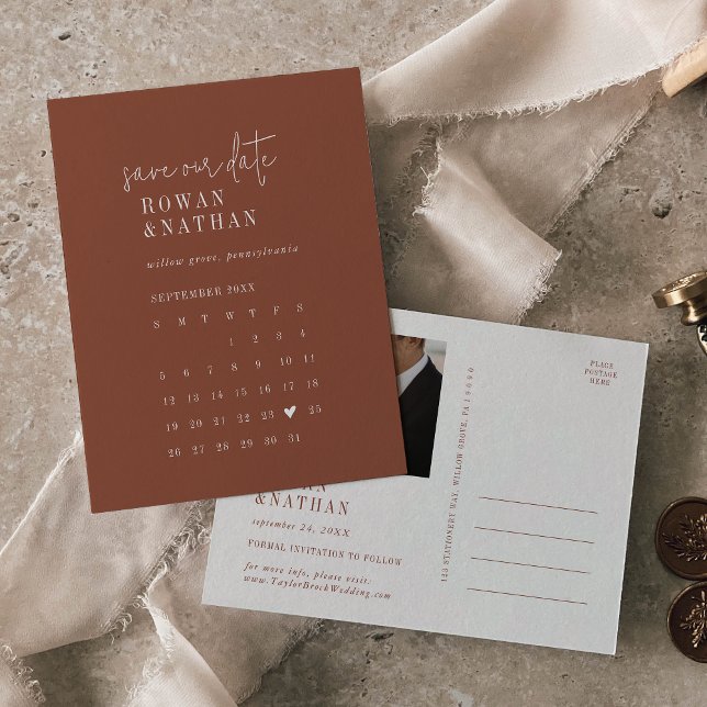 Modern Chic Terracotta Rust Calendar Save the Date Invitation Postcard (Creator Uploaded)