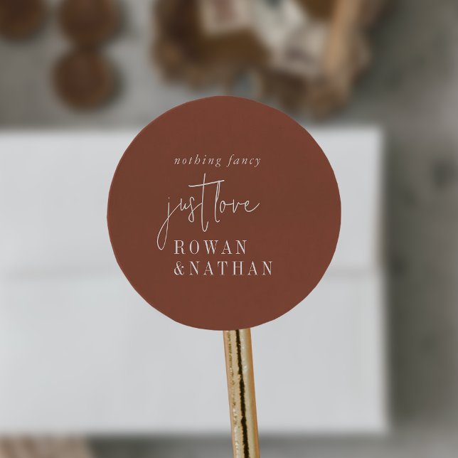 Modern Chic Terracotta Rust Just Love Wedding Classic Round Sticker (Creator Uploaded)