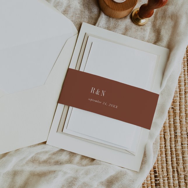 Modern Chic Terracotta Rust Monogram Wedding Invitation Belly Band (Creator Uploaded)