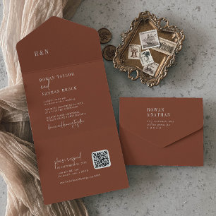Modern Chic Terracotta Rust QR Monogram Wedding All In One Invitation
