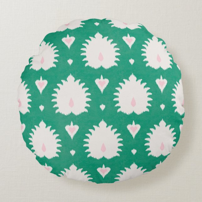 Modern chic textured green pink ikat pattern round pillow (Front)