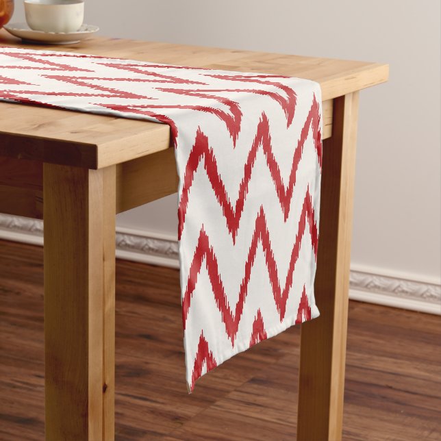 Modern chic textured red ikat chevron pattern short table runner (In Situ)