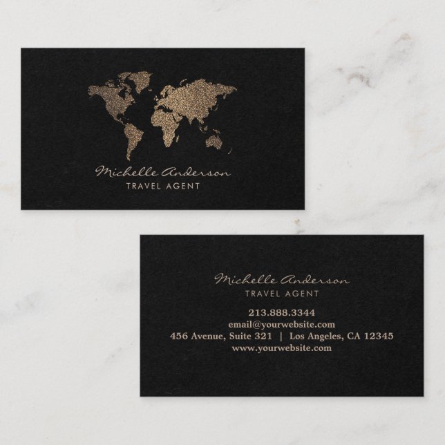 Modern Chic Travel Agent World Map Gold glitter  Business Card (Front/Back)