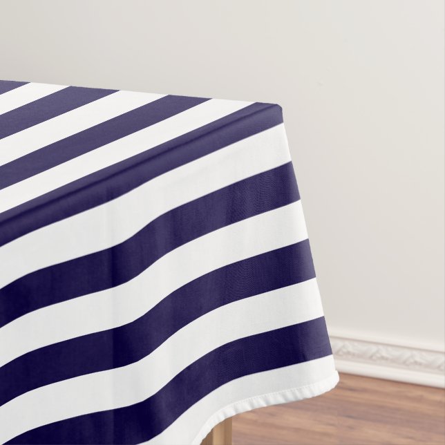Modern Chic Trendy Navy Blue White Stripes Pattern Tablecloth (In Situ)