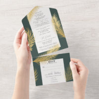 Modern Chic Tropical Gold Palm Dark Green Wedding