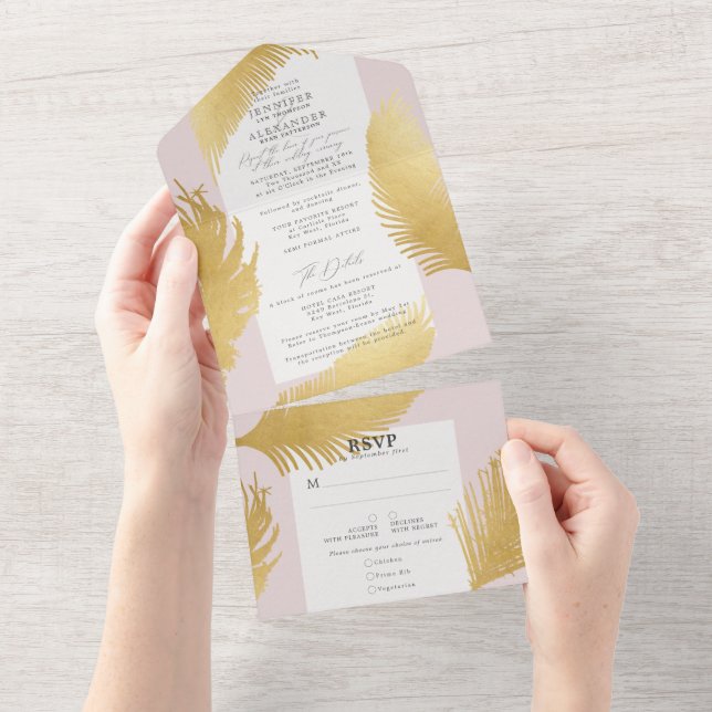 Modern Chic Tropical Gold Palm Soft Pink Wedding All In One Invitation (Tearaway)