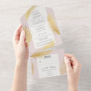 Modern Chic Tropical Gold Palm Soft Pink Wedding All In One Invitation