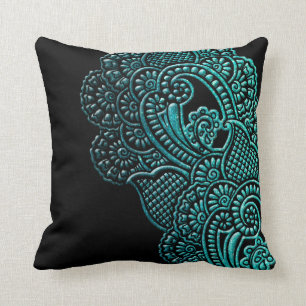 Modern Chic Turquoise Black Glitter Artsy Floral Throw Pillow