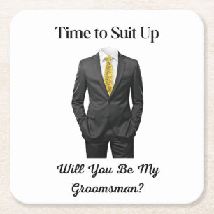 modern chic tuxedo groomsman proposal minimal square paper coaster