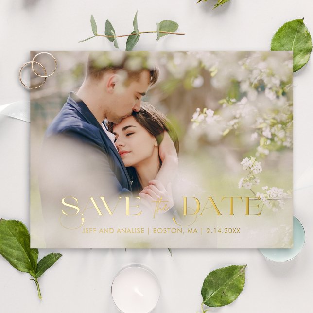 Modern Chic Typography Photo Save the Date Foil Invitation Postcard (Creator Uploaded)