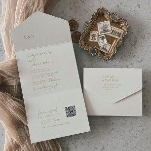 Modern Chic Vintage Gold QR Monogram Wedding All In One Invitation