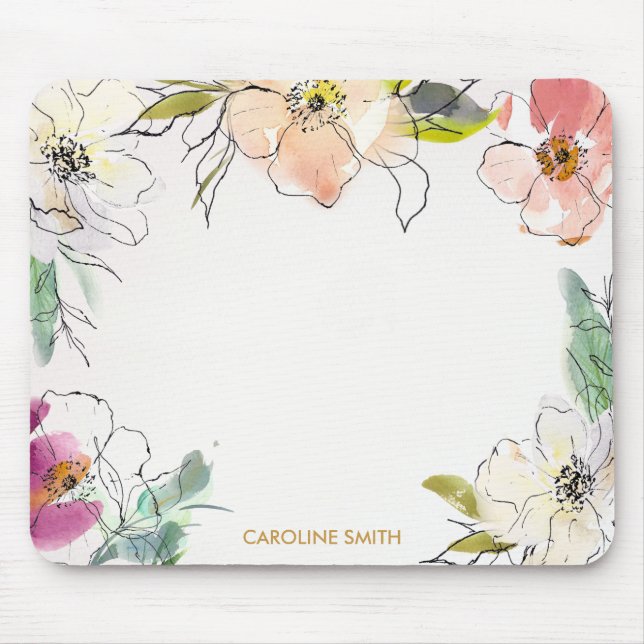 Modern Chic Watercolor Floral Flowers Mouse Pad (Front)
