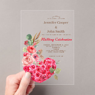 Modern Chic Watercolor Rose Heart Floral Wedding Acrylic Invitations