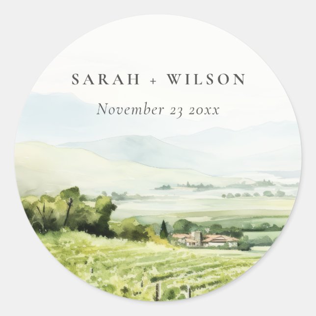Modern Chic Watercolor Vineyard Landscape Wedding Classic Round Sticker (Front)