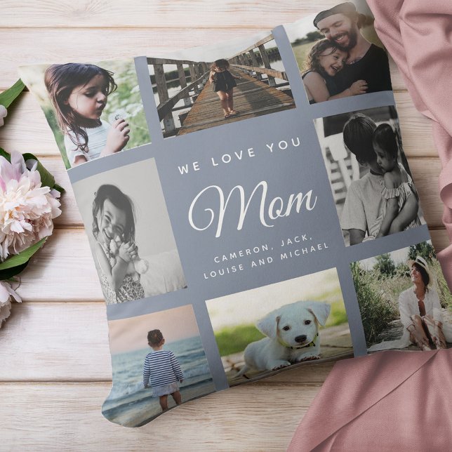 Modern Chic WE LOVE YOU Mom Family Photo Collage Throw Pillow (Creator Uploaded)