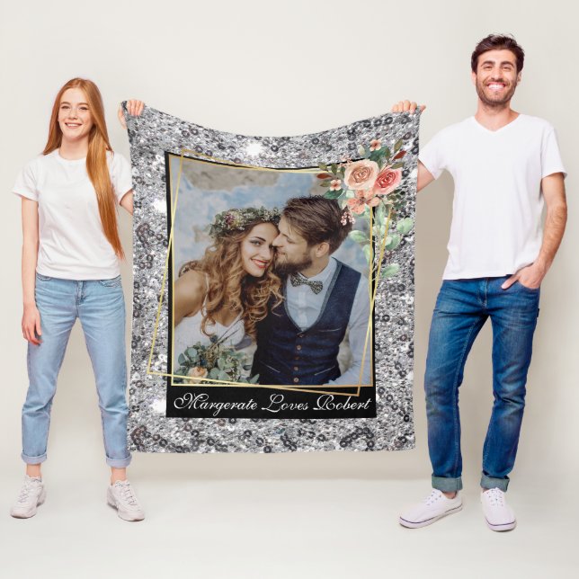 Modern Chic Wedding Love Couple Silver Glitter Fleece Blanket (In Situ)