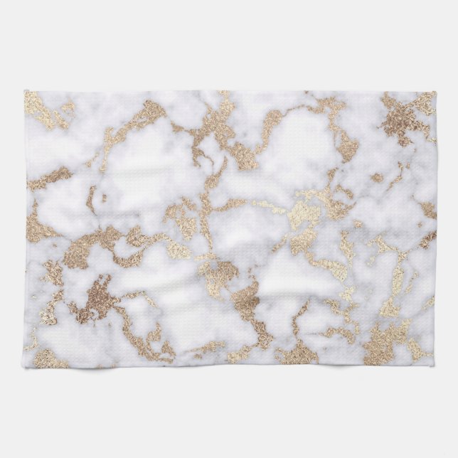Modern Chic White Gold Foil Marble Pattern Kitchen Towel (Horizontal)