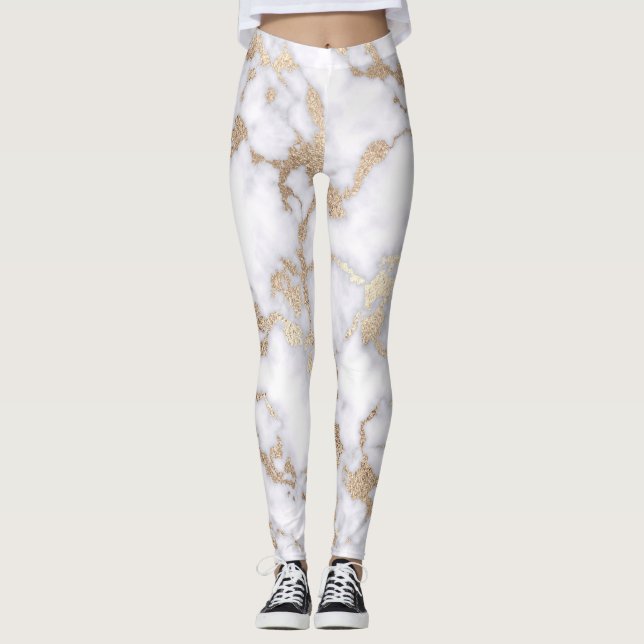 Modern Chic White Gold Foil Marble Pattern Leggings (Front)