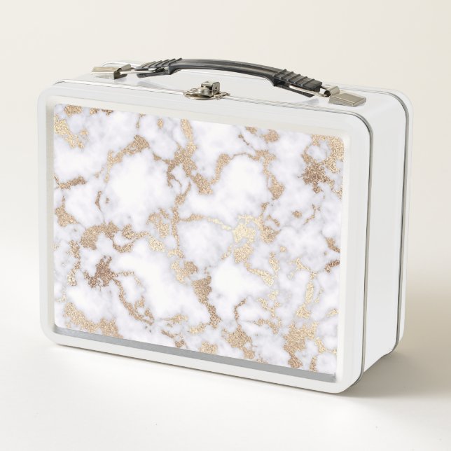 Modern Chic White Gold Foil Marble Pattern Metal Lunch Box (Front)