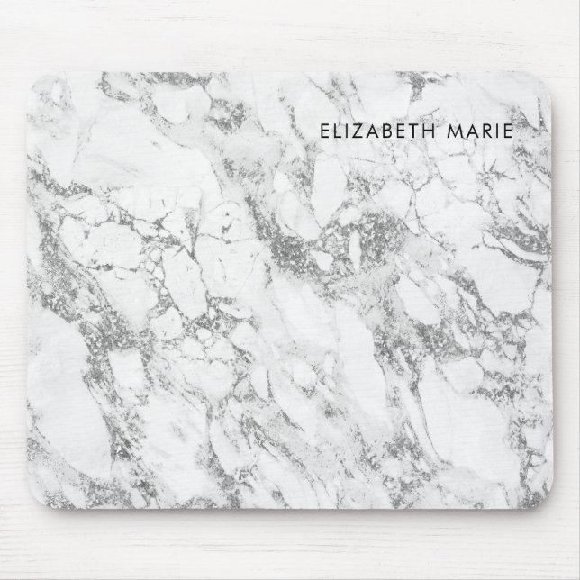 Modern Chic White Gray Silver Gray Glitter Marble Mouse Pad (Front)