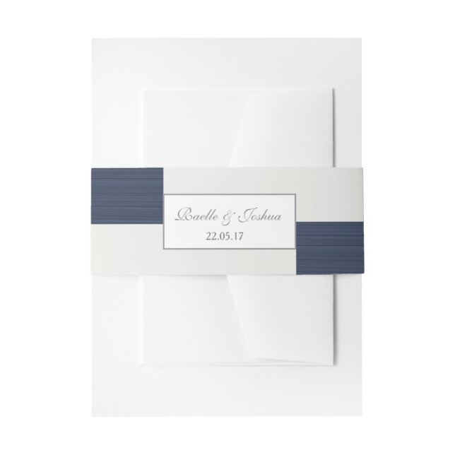 Modern chic white grey dark blue stripes wedding invitation belly band (Front Example)
