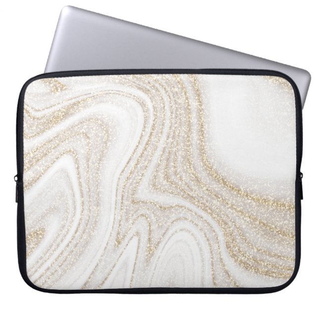 Modern chic white marble gold glitter laptop sleeve (Front)