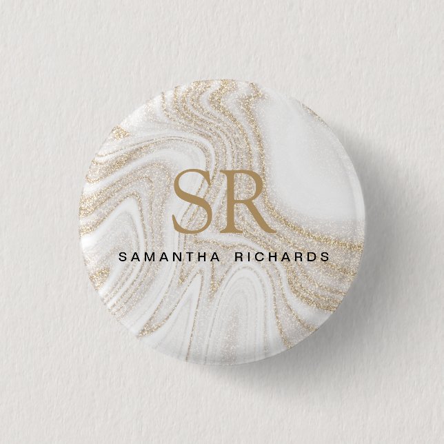 Modern chic white marble gold glitter monogram 1 inch round button (Front)