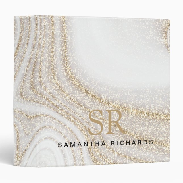Modern chic white marble gold glitter monogram binder (Front/Spine)