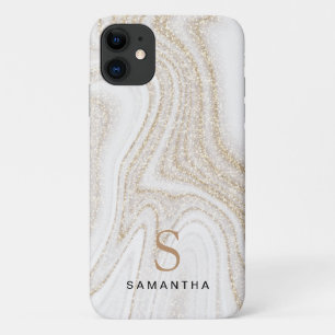 Modern chic white marble gold glitter monogram iPhone 11 case
