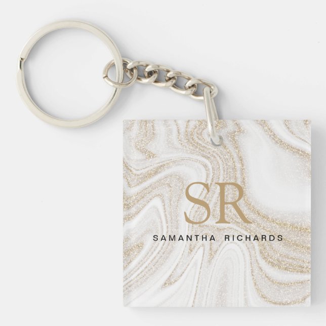 Modern chic white marble gold glitter monogram keychain (Front)