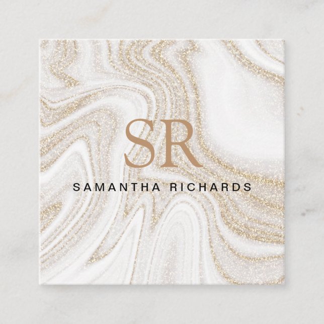Modern chic white marble gold glitter monogram square business card (Front)