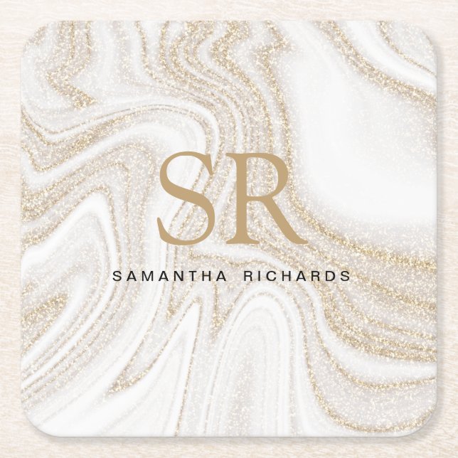 Modern chic white marble gold glitter monogram square paper coaster (Front)