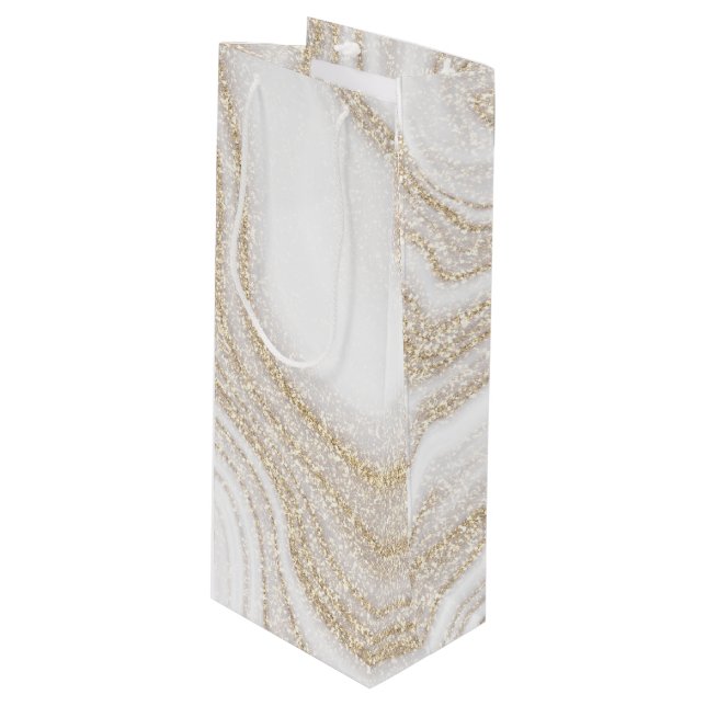 Modern chic white marble gold glitter wine gift bag (Front Angled)