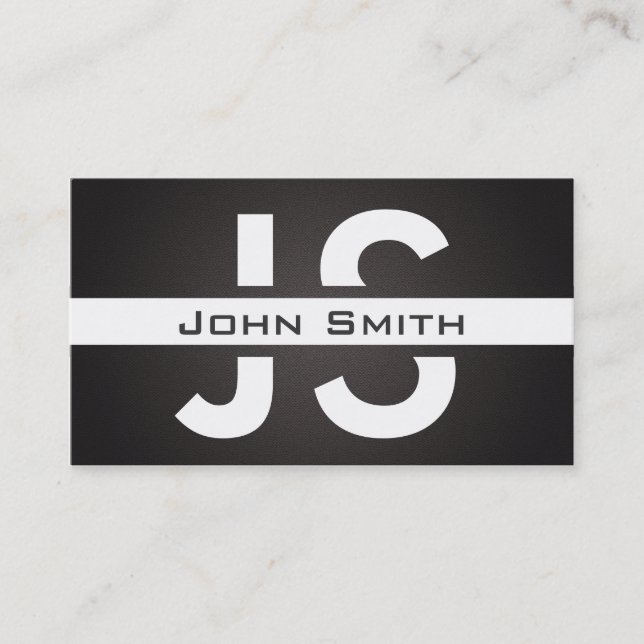 Modern chic white monogram black linen background business card (Front)