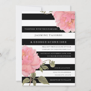 MODERN Chic Wide Stripes Pink Peony Blossom Floral Invitation