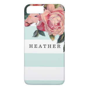 MODERN Chic Wide Stripes w Roses, Aqua Blue iPhone 8 Plus/7 Plus Case