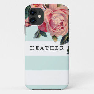 MODERN Chic Wide Stripes w Roses, Aqua Blue iPhone 11 Case