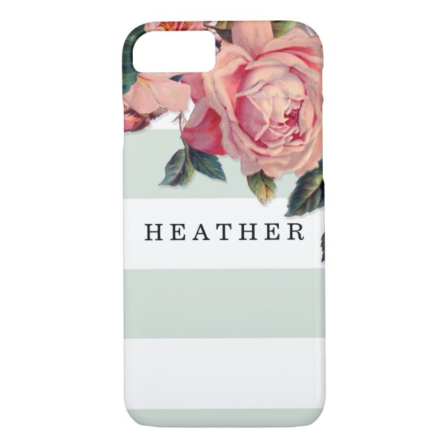 MODERN Chic Wide Stripes w Roses, Mint Green Case-Mate iPhone Case (Back)
