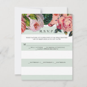 MODERN Chic Wide Stripes w Roses, Mint Green RSVP Card