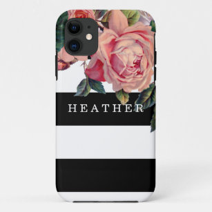 MODERN Chic Wide Stripes w Roses, Save the Date iPhone 11 Case