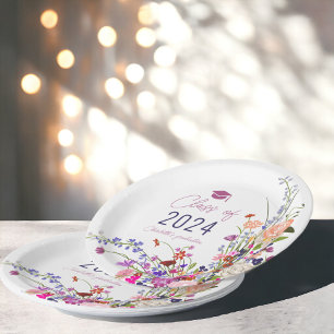 Modern chic wild flowers script class graduation paper plate