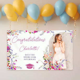 Modern chic wild flowers script photo graduation  banner