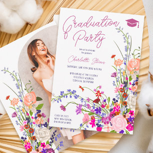 Modern chic wild flowers script photo graduation invitation
