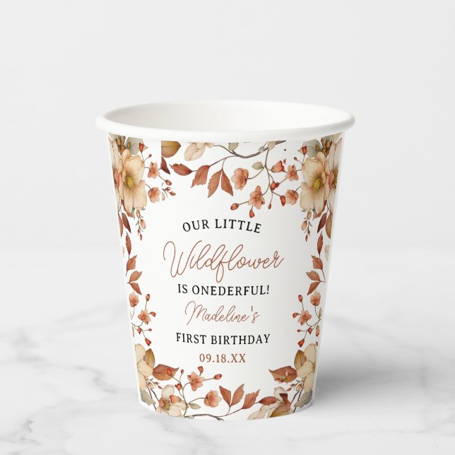  Modern Chic Wildflower Script 1st Birthday Girl  Paper Cups (Front)
