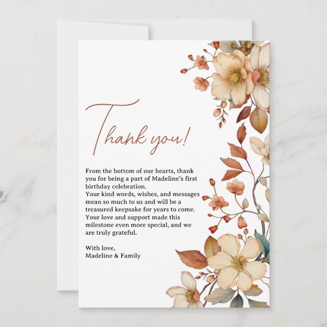  Modern Chic Wildflower Script 1st Birthday Girl  Thank You Card (Front)