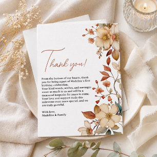 Modern Chic Wildflower Script 1st Birthday Girl Thank You Card