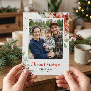 Modern Chic Winter Floral Christmas Greeting Photo Holiday Card