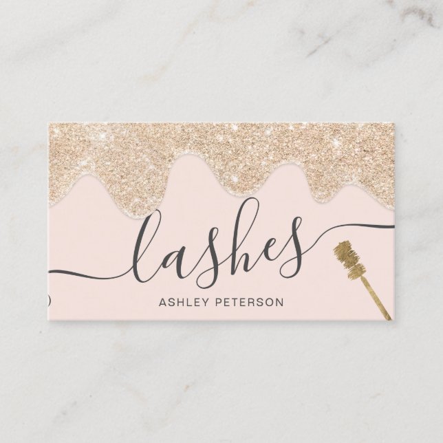 Modern chic yellow gold drips lashes brush pink business card (Front)
